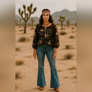 Johnny Was Green Velvet Camo Floral Embroidered Peasant Blouse Relax Fit Small